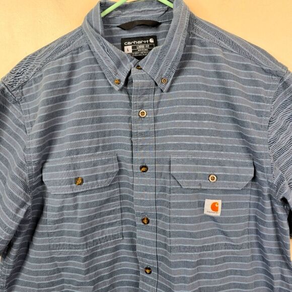 Carhartt Mens Loose Fit Short Sleeve Striped 2 Pocket Button Down Shirt Medium - Picture 3 of 6
